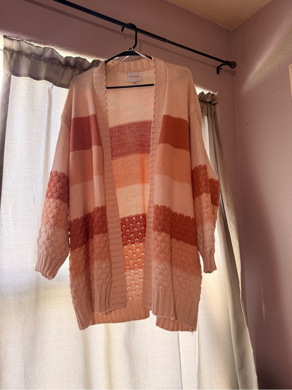 Pink Rose Open-Front Striped Cardigan in Pink and Tan Tones